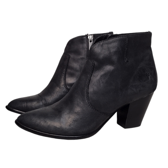 Frye Jennifer Black Leather Boho Chunky Heel Zipper Ankle Boots Sz 7.5 - Picture 1 of 16